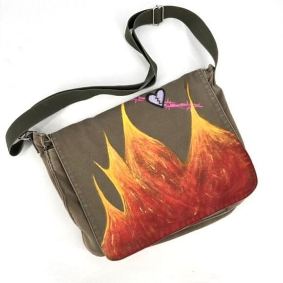 Vintage Y2K Gap Canvas Handpainted Fire Print Crossbody Messenger Bag Green - Picture 1 of 12